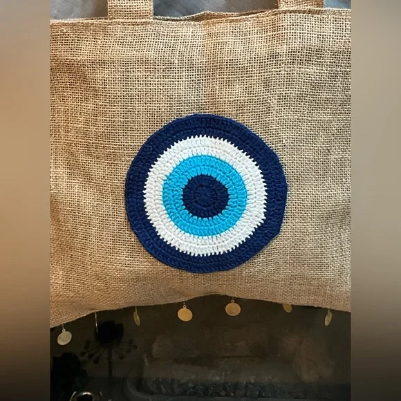 Beige Tote Bag with Blue Evil Eye Design - Picture 2 of 6